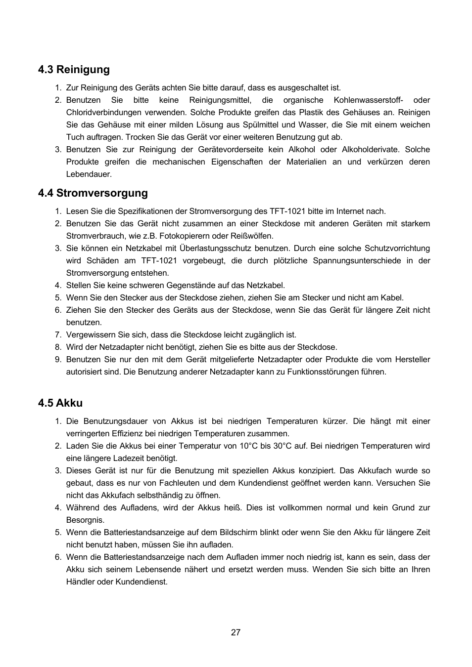 3 reinigung, 4 stromversorgung, 5 akku | Lenco TFT-1021 User Manual | Page 65 / 171