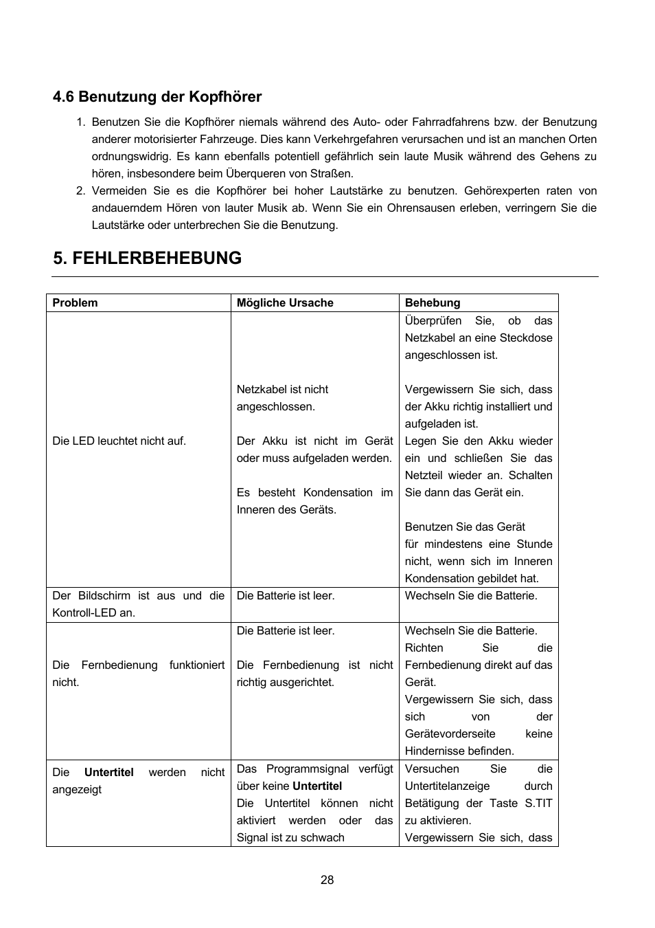 Fehlerbehebung, 6 benutzung der kopfhörer | Lenco TFT-1021 User Manual | Page 66 / 171
