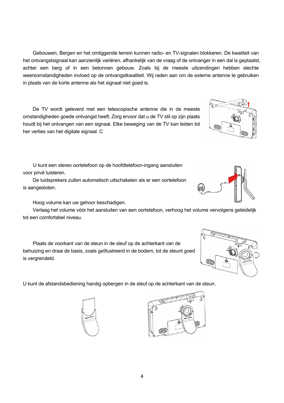 Over uitzending, Antenne, Oortelefoon aansluiten | Standaard installeren, Ver uitzending, Ntenne, Ortelefoon aansluiten, Tandaard installeren | Lenco TFT-1021 User Manual | Page 77 / 171