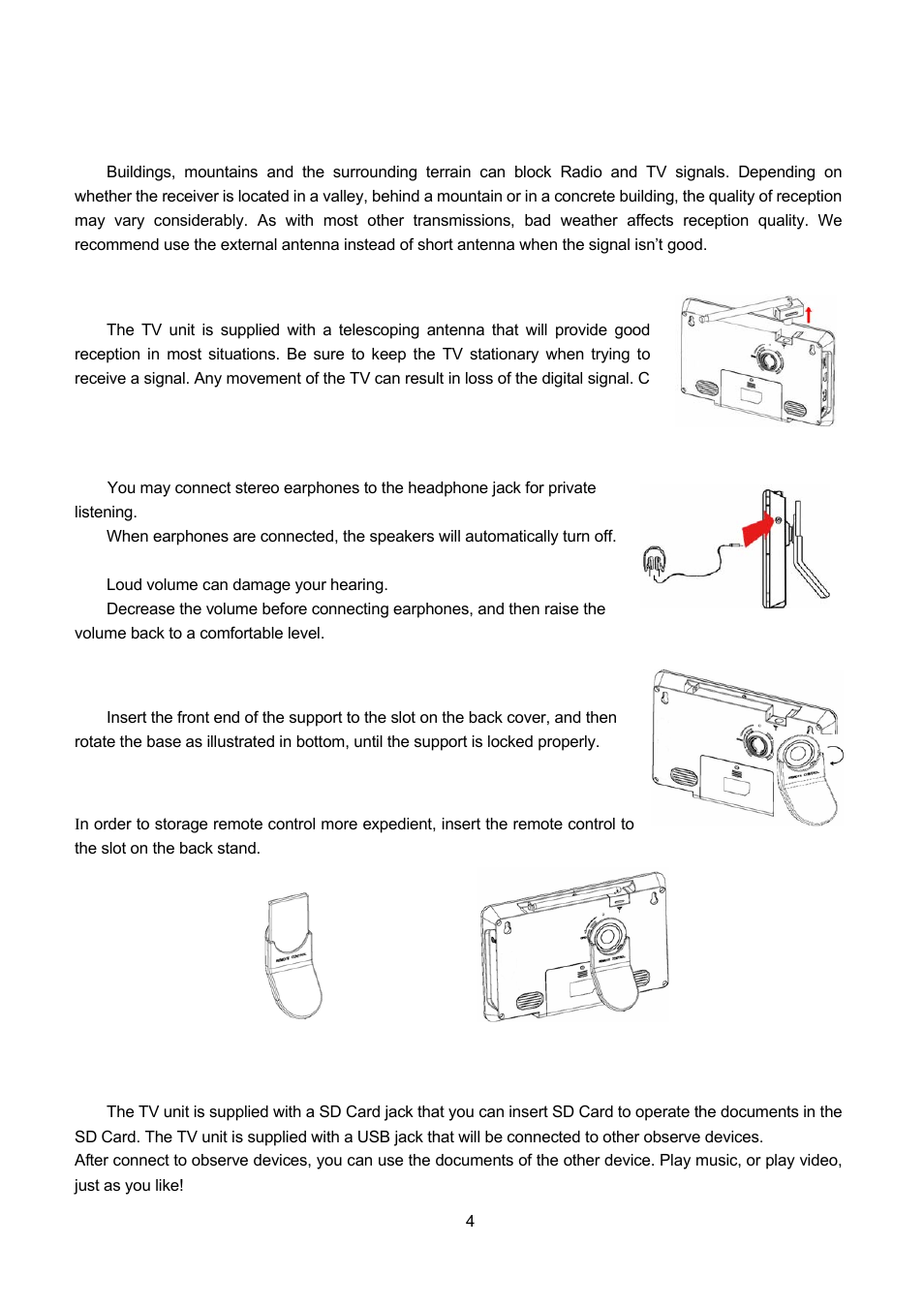 About transmission, Antenna, Connecting to earphones | Installing stand, Sd card and usb jack, Bout transmission, Ntenna, Onnecting to, Arphones, Nstalling | Lenco TFT-1021 User Manual | Page 8 / 171