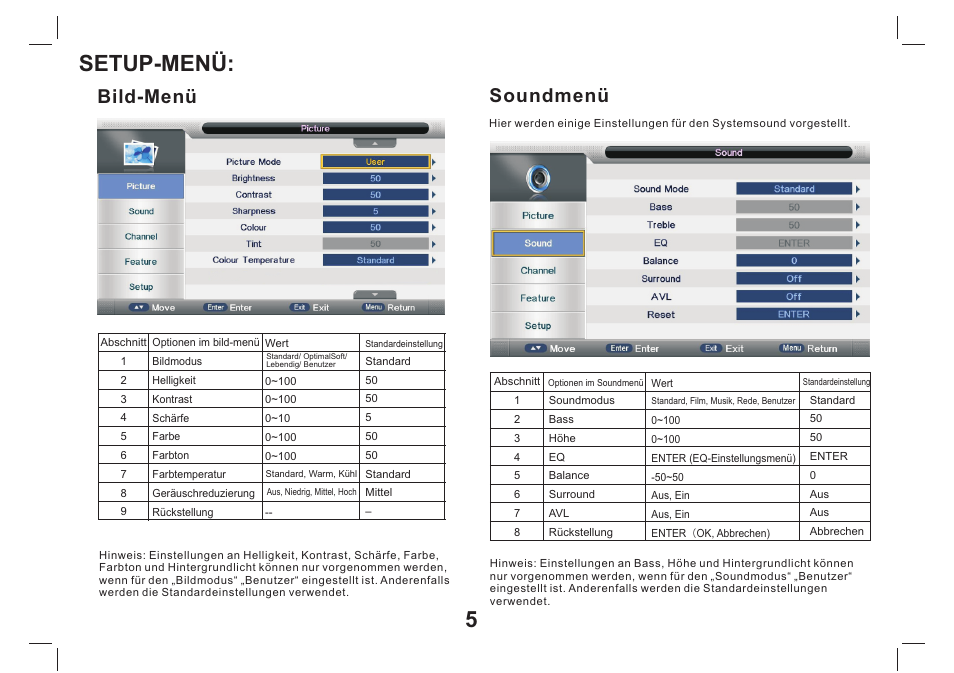 Setup-menü, Bild-menü, Soundmenü | Lenco TFT-1026 User Manual | Page 16 / 60