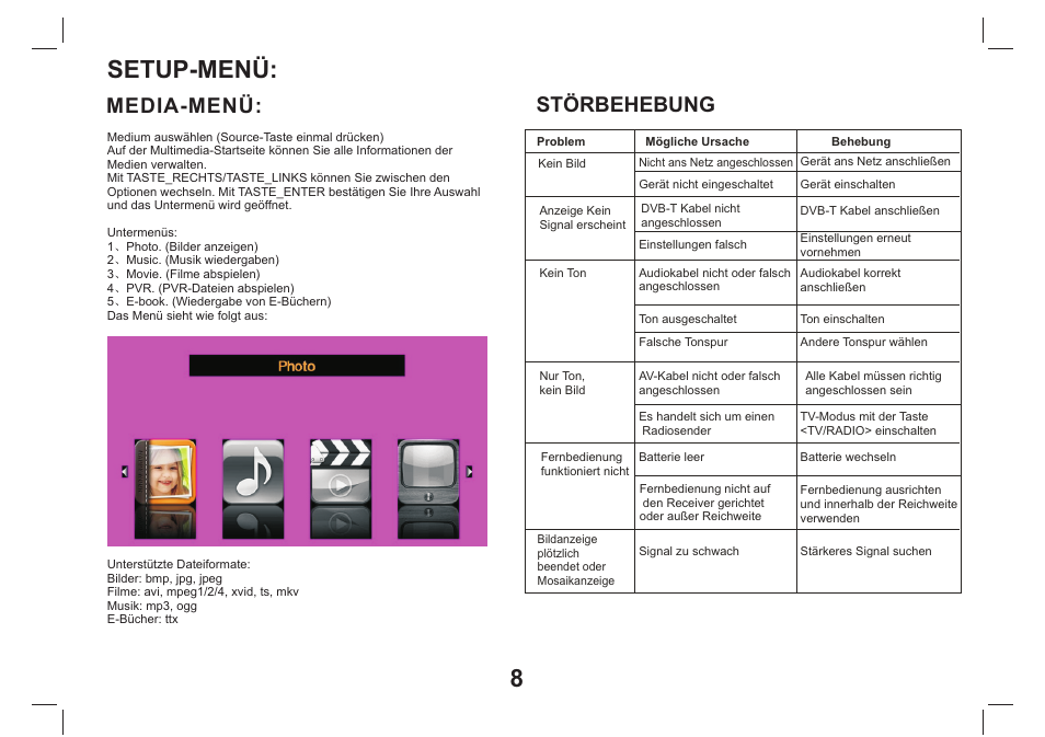 Setup-menü, Media-menü, Störbehebung | Lenco TFT-1026 User Manual | Page 19 / 60