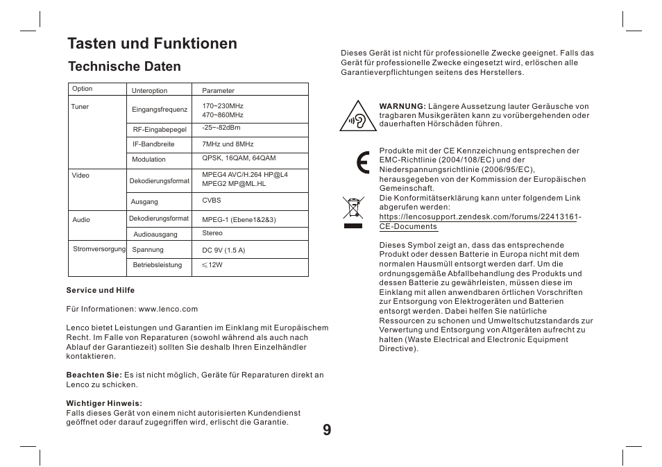 页 10, Tasten und funktionen 9, Technische daten | Lenco TFT-1026 User Manual | Page 20 / 60