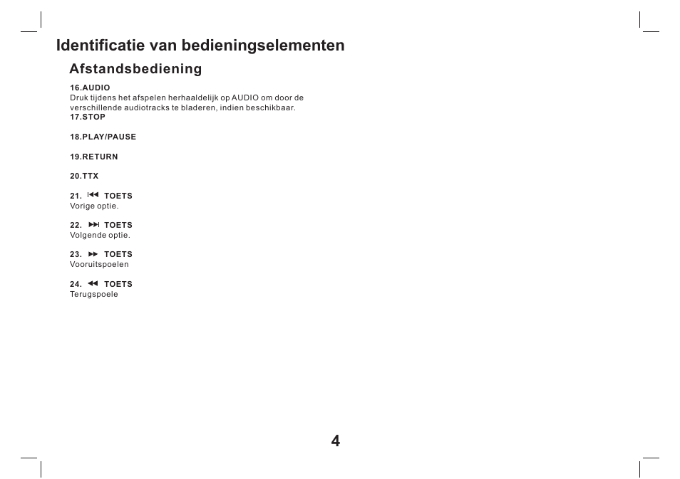 Identificatie van bedieningselementen, Afstandsbediening | Lenco TFT-1026 User Manual | Page 25 / 60