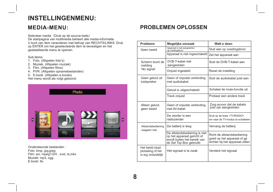 Instellingenmenu, Media-menu, Problemen oplossen | Lenco TFT-1026 User Manual | Page 29 / 60