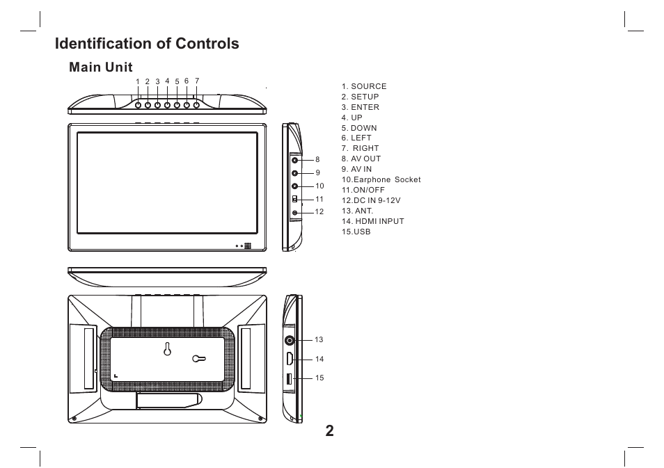 Identification of controls, Main unit | Lenco TFT-1026 User Manual | Page 3 / 60