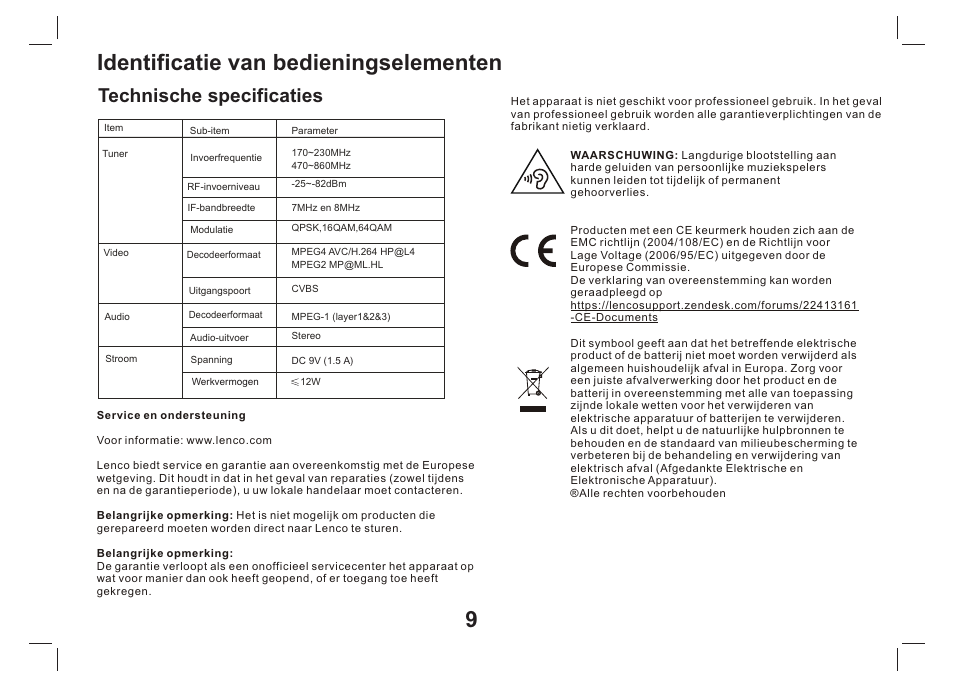 页 10, Identificatie van bedieningselementen 9, Technische specificaties | Lenco TFT-1026 User Manual | Page 30 / 60