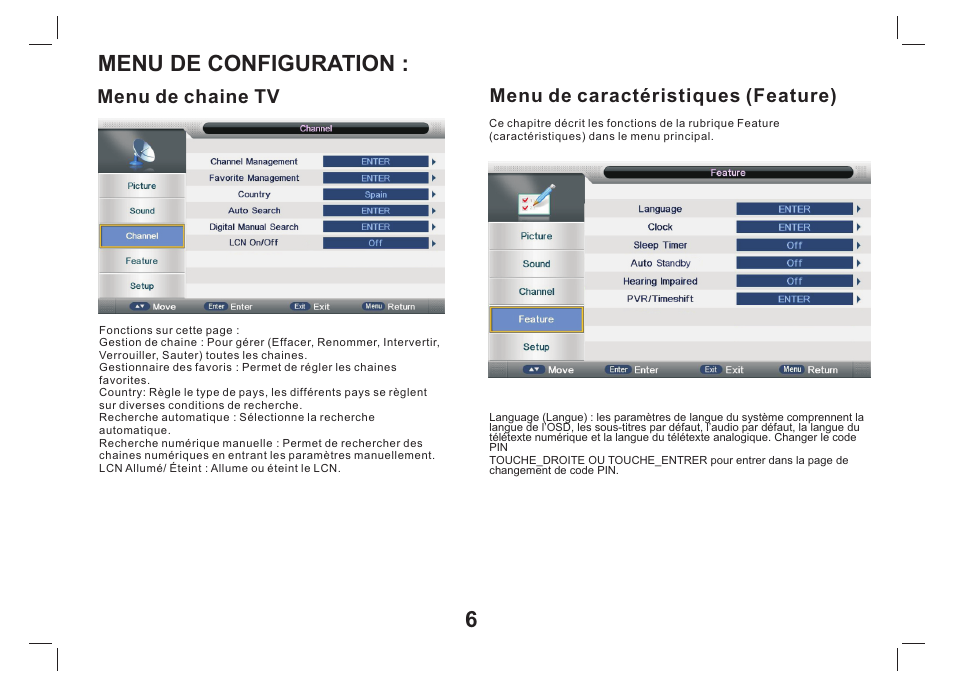 Menu de configuration, Menu de chaine tv, Menu de caractéristiques (feature) | Lenco TFT-1026 User Manual | Page 37 / 60