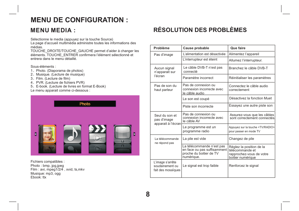 Menu de configuration, Menu media, Résolution des problèmes | Lenco TFT-1026 User Manual | Page 39 / 60