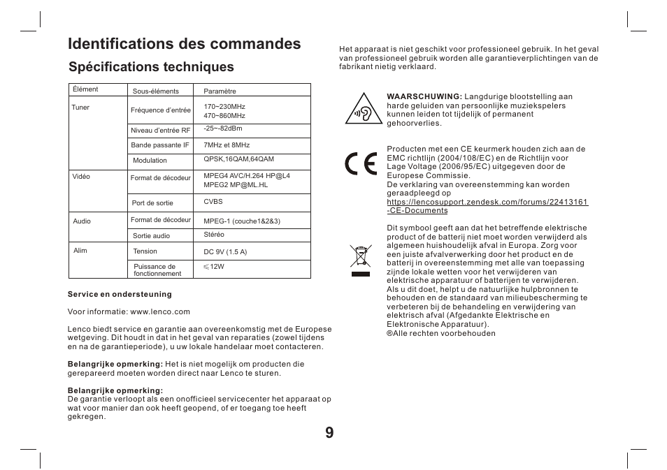 页 10, Identifications des commandes 9, Spécifications techniques | Lenco TFT-1026 User Manual | Page 40 / 60