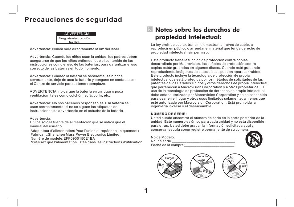 Precauciones de seguridad, Notas sobre los derechos de propiedad intelectual | Lenco TFT-1026 User Manual | Page 42 / 60
