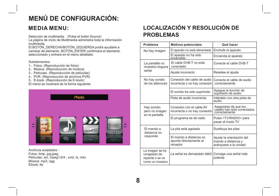 Menú de configuración, Media menu, Localización y resolución de problemas | Lenco TFT-1026 User Manual | Page 49 / 60