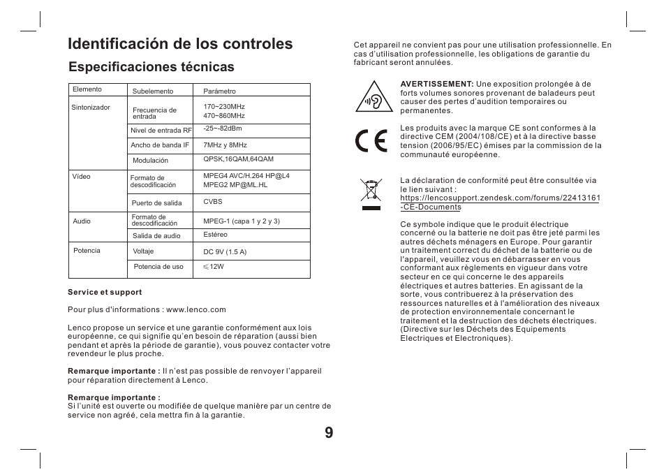 页 10, Identificación de los controles 9, Especificaciones técnicas | Lenco TFT-1026 User Manual | Page 50 / 60