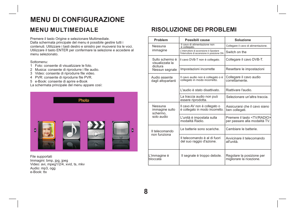 Menu di configurazione, Menu multimediale, Risoluzione dei problemi | Lenco TFT-1026 User Manual | Page 59 / 60