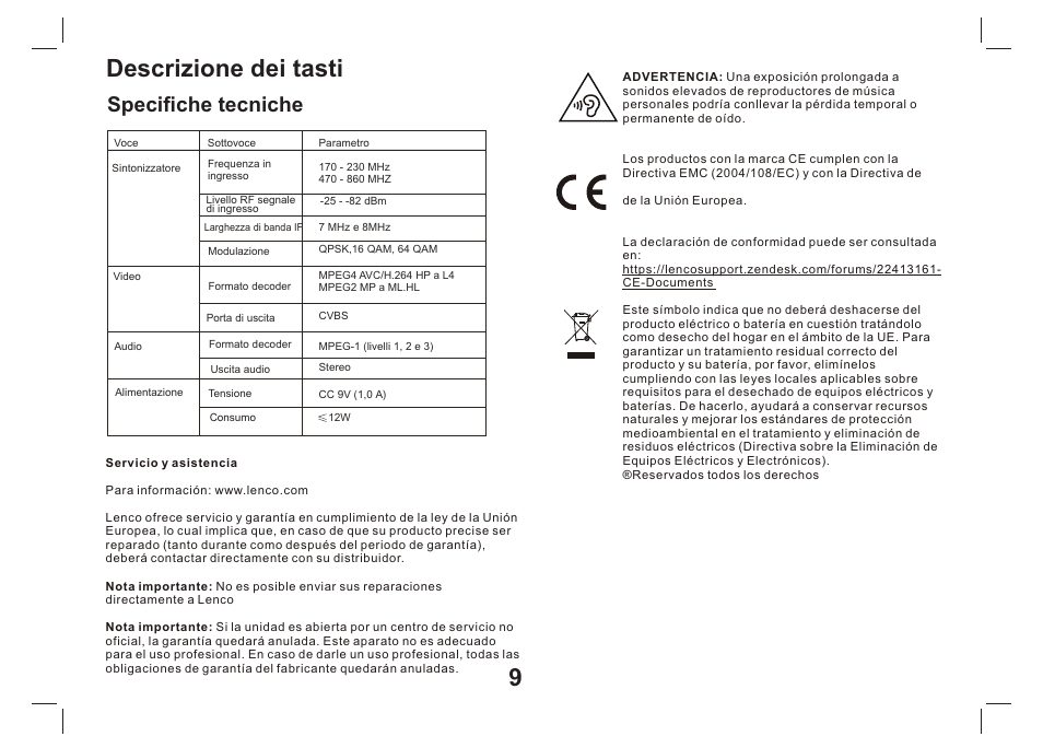 页 10, Descrizione dei tasti 9, Specifiche tecniche | Lenco TFT-1026 User Manual | Page 60 / 60