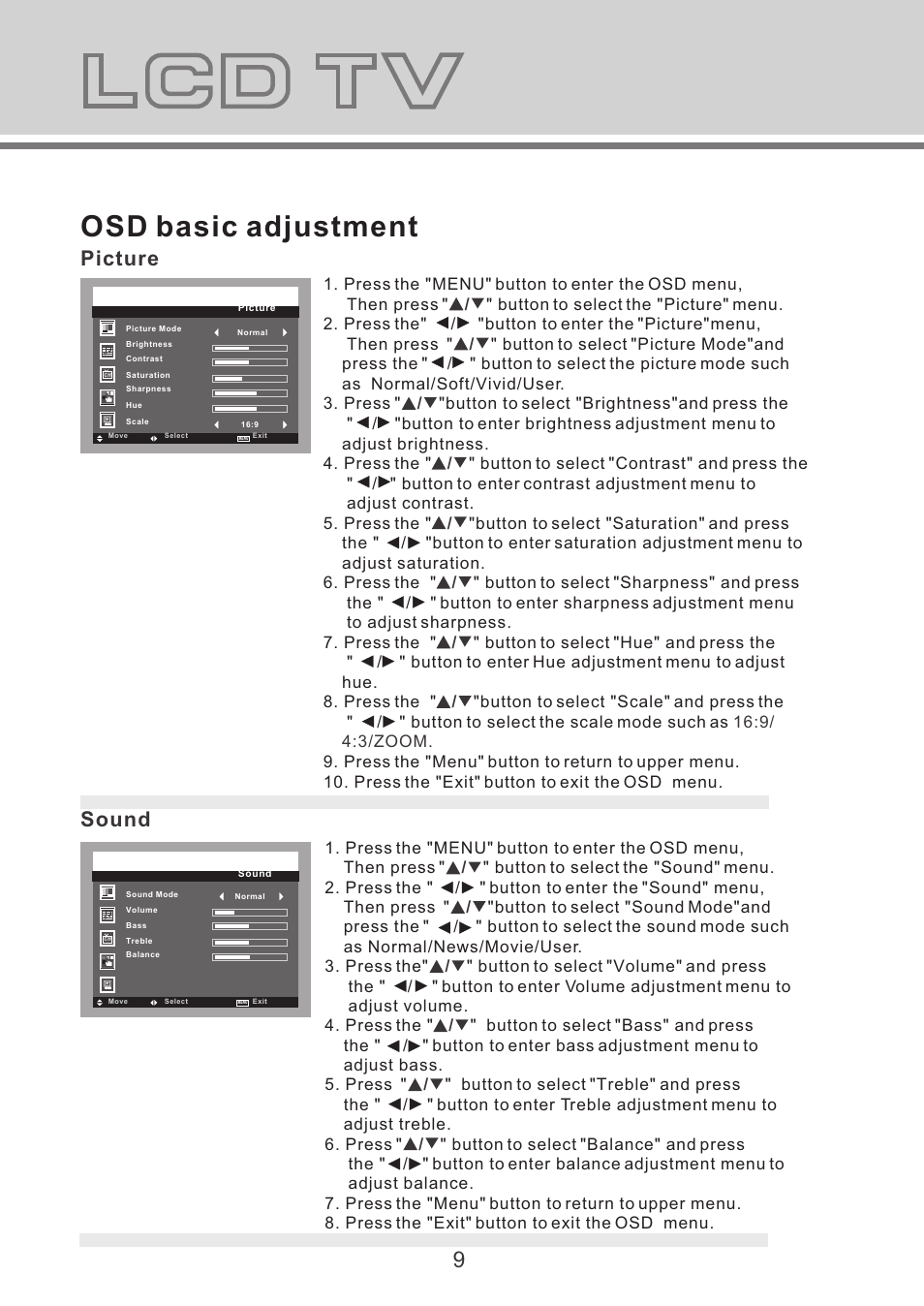 Connecting to external devices, Osd basic adjustment, Picture sound | Lenco TFT-1527 User Manual | Page 10 / 16