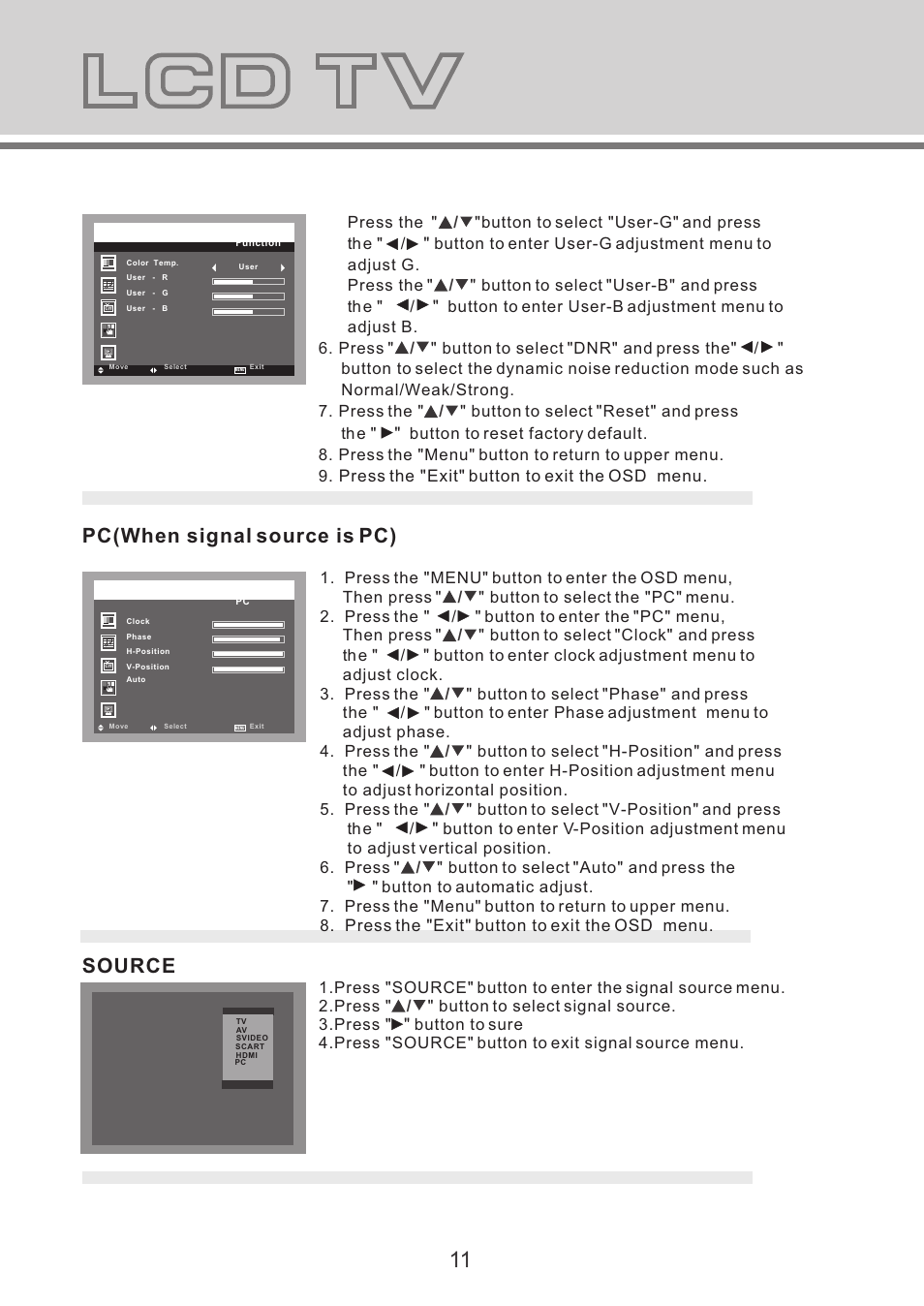 Pc(when signal source is pc) source, Channel, Function | Press the "exit" button to exit the osd menu | Lenco TFT-1527 User Manual | Page 12 / 16