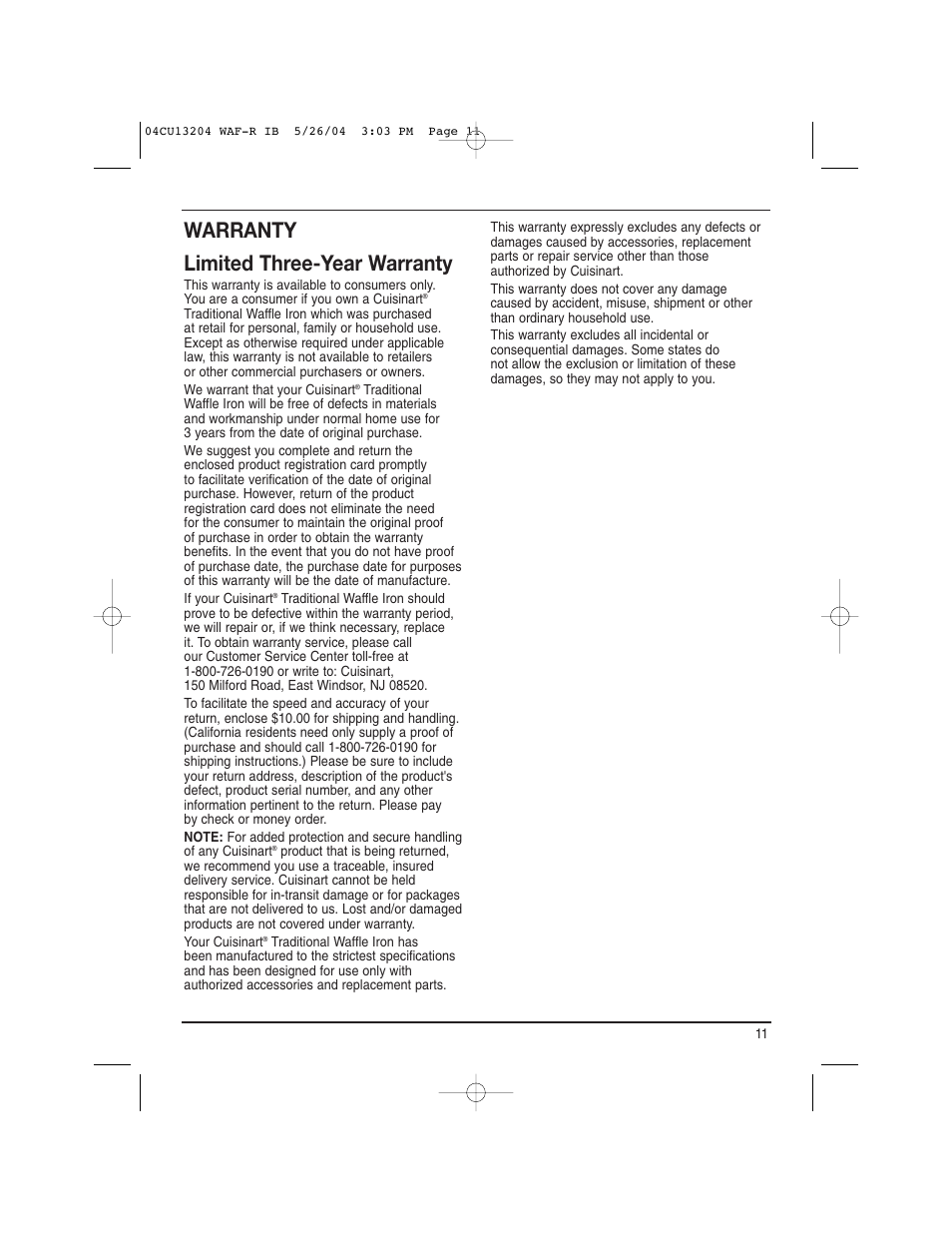 Warranty limited three-year warranty | Cuisinart WAF-R User Manual | Page 11 / 12