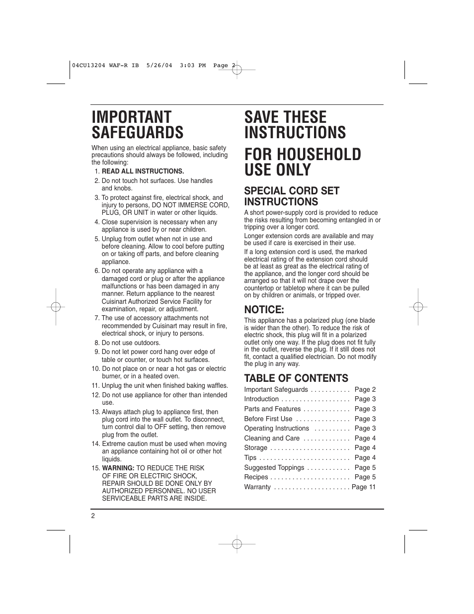 Cuisinart WAF-R User Manual | Page 2 / 12