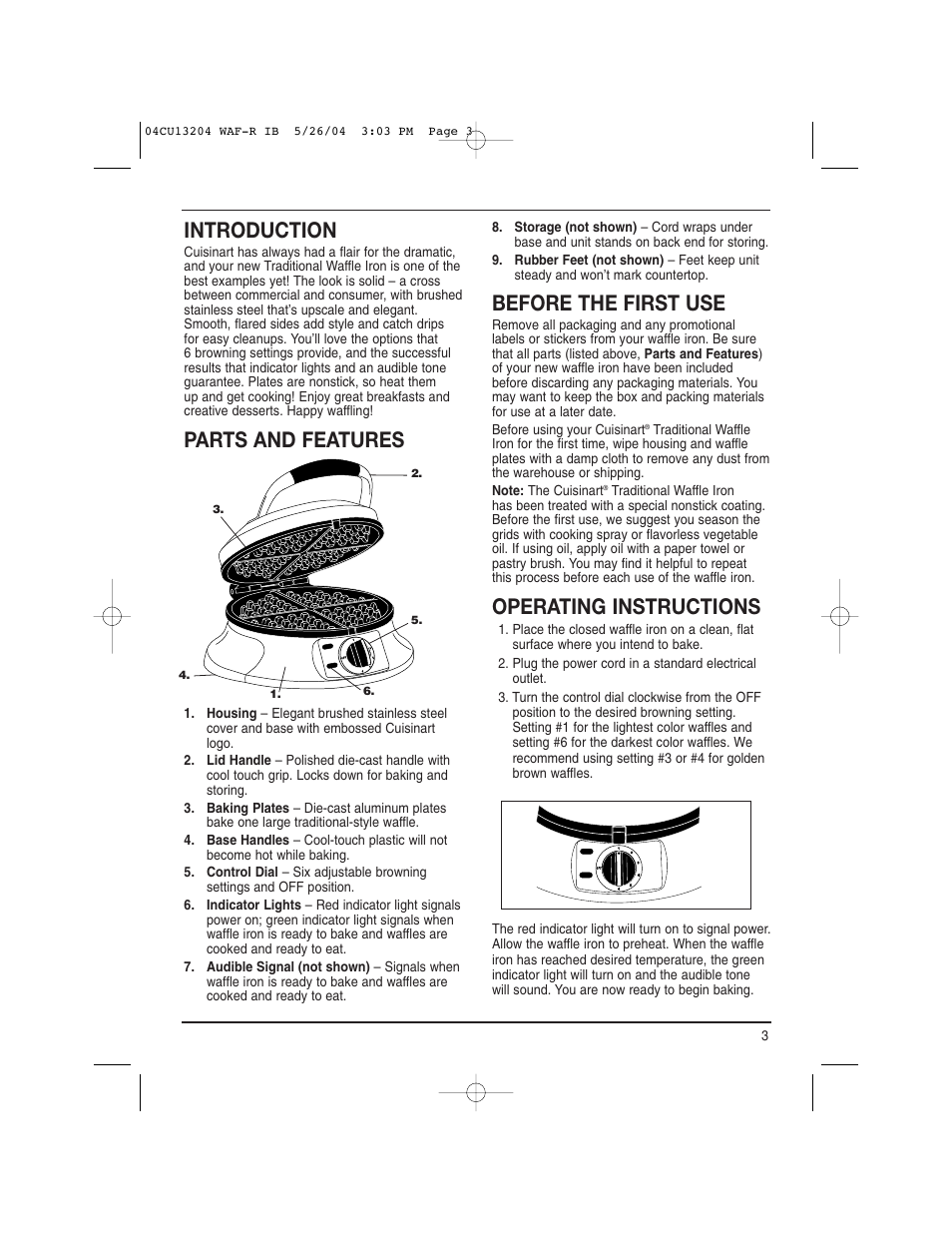 Introduction, Parts and features, Before the first use | Operating instructions | Cuisinart WAF-R User Manual | Page 3 / 12