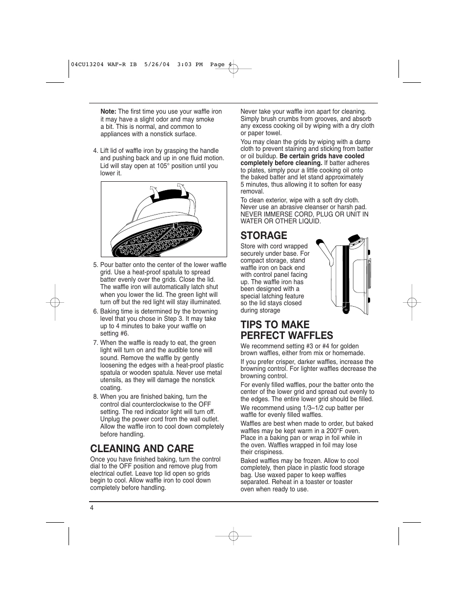 Cleaning and care, Storage, Tips to make perfect waffles | Cuisinart WAF-R User Manual | Page 4 / 12