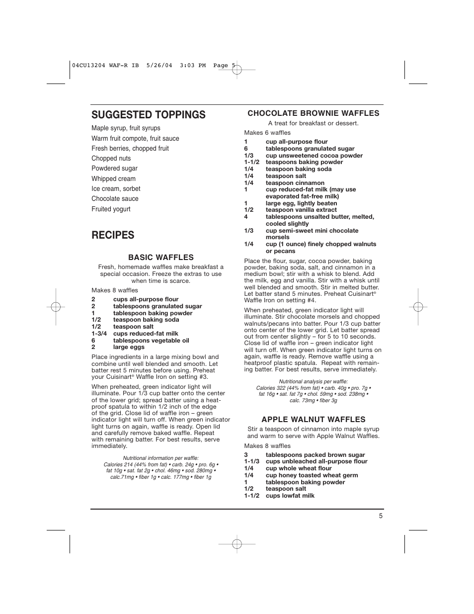 Suggested toppings, Recipes | Cuisinart WAF-R User Manual | Page 5 / 12