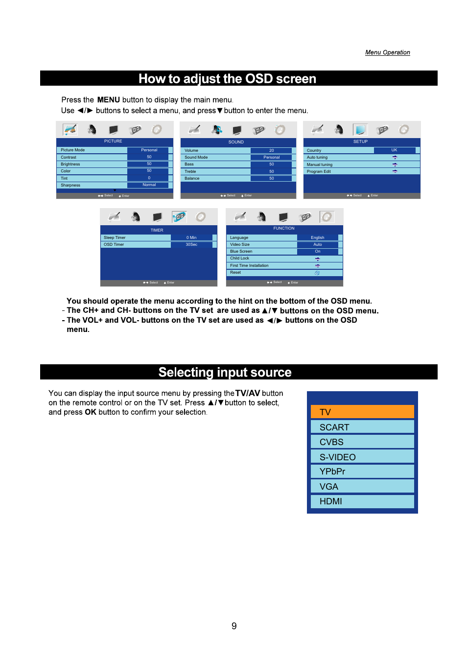 Tv scart cvbs s-video ypbpr vga hdmi, Tv/av | Lenco TFT-2401 User Manual | Page 12 / 20