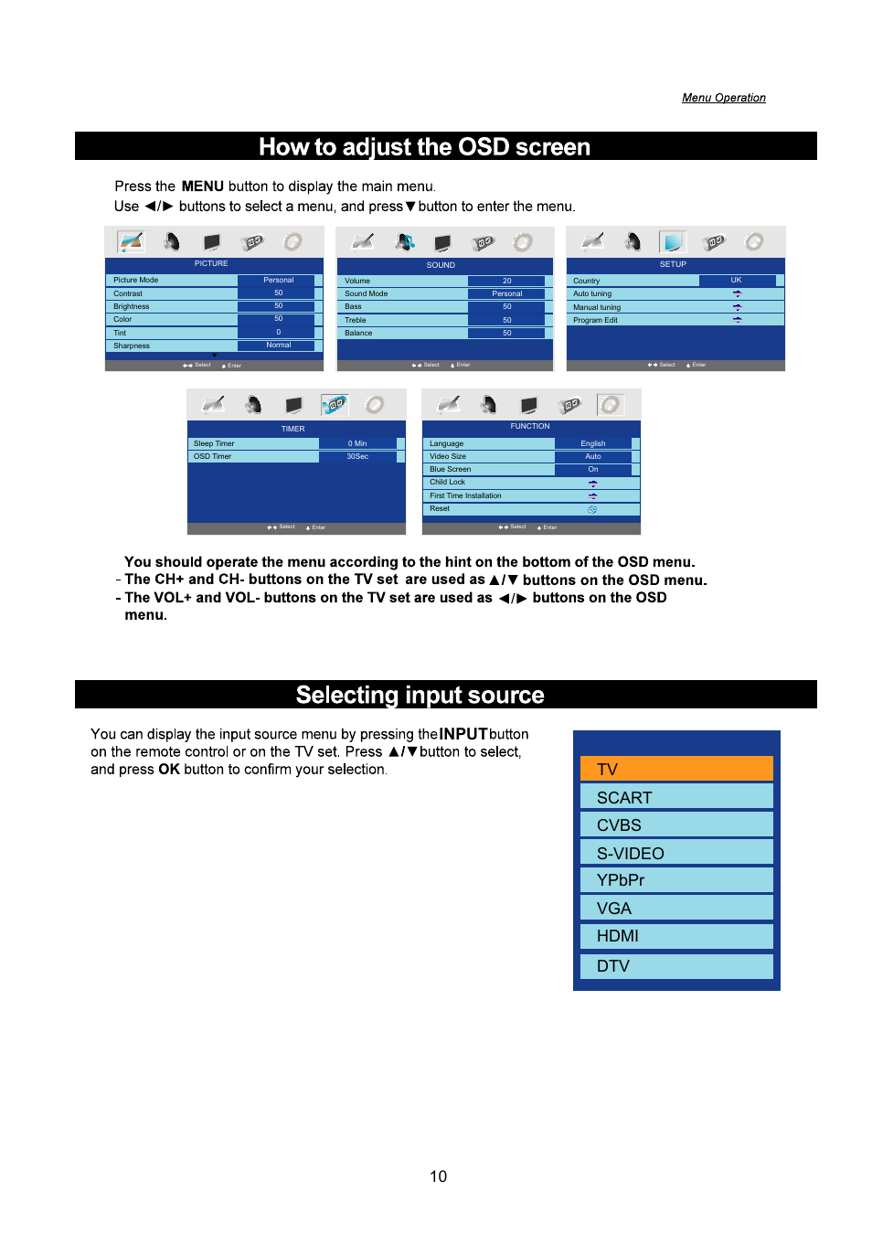 Tv scart cvbs s-video ypbpr vga hdmi dtv, Input 10 | Lenco TFT-2411 User Manual | Page 12 / 20