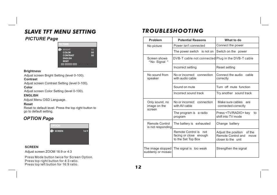 页 13, Troubleshooting, Slave tft menu setting | Option page, Picture page | Lenco TFT-726 User Manual | Page 13 / 75