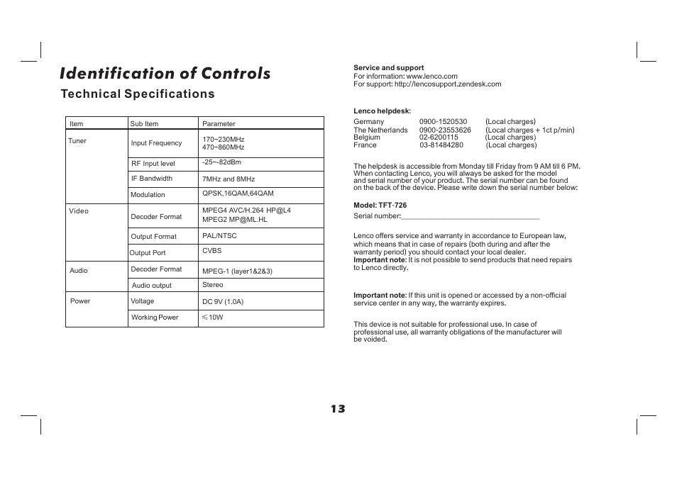 页 14, Identification of controls, Technical specifications | Lenco TFT-726 User Manual | Page 14 / 75