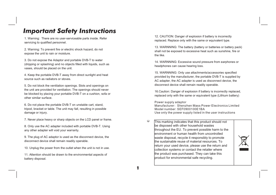 Important safety instructions | Lenco TFT-726 User Manual | Page 2 / 75