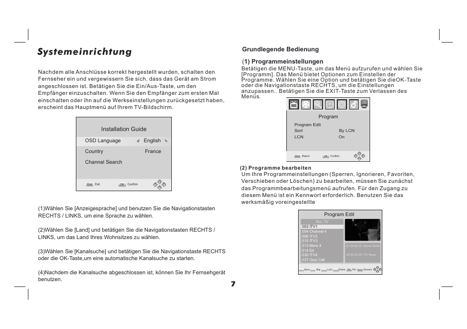 Systemeinrichtung, Grundlegende bedienung ( 1) programmeinstellungen | Lenco TFT-726 User Manual | Page 23 / 75