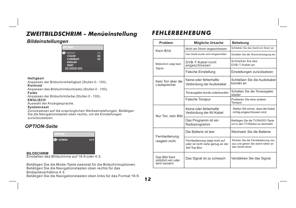 页 13, Fehlerbehebung, Zweitbildschrim - menüeinstellung | Option-seite, Bildeinstellungen | Lenco TFT-726 User Manual | Page 28 / 75