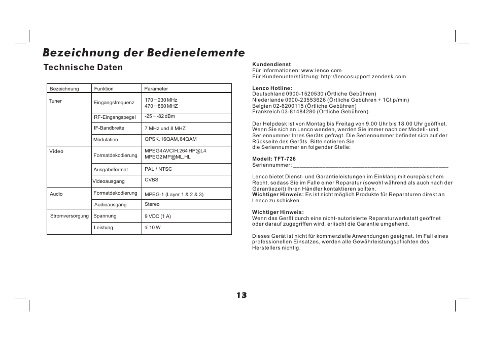 页 14, Bezeichnung der bedienelemente, Technische daten | Lenco TFT-726 User Manual | Page 29 / 75
