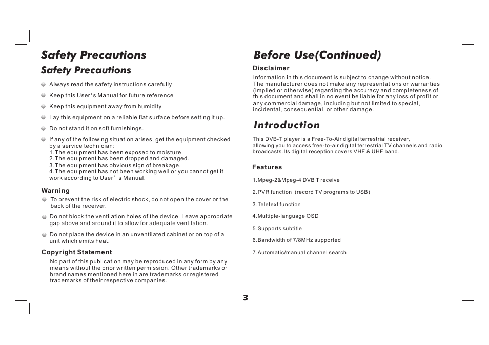Safety precautions, Before use(continued), Safety precautions introduction | Lenco TFT-726 User Manual | Page 4 / 75