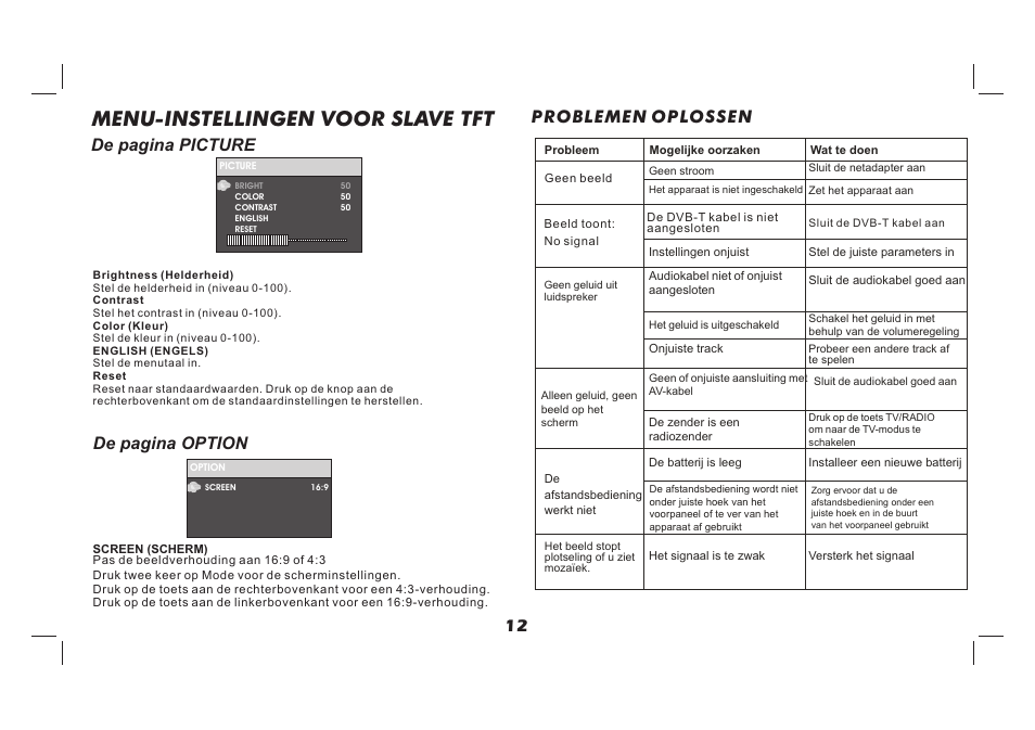 页 13, Menu-instellingen voor slave tft, Problemen oplossen 12 | De pagina option, De pagina picture | Lenco TFT-726 User Manual | Page 43 / 75