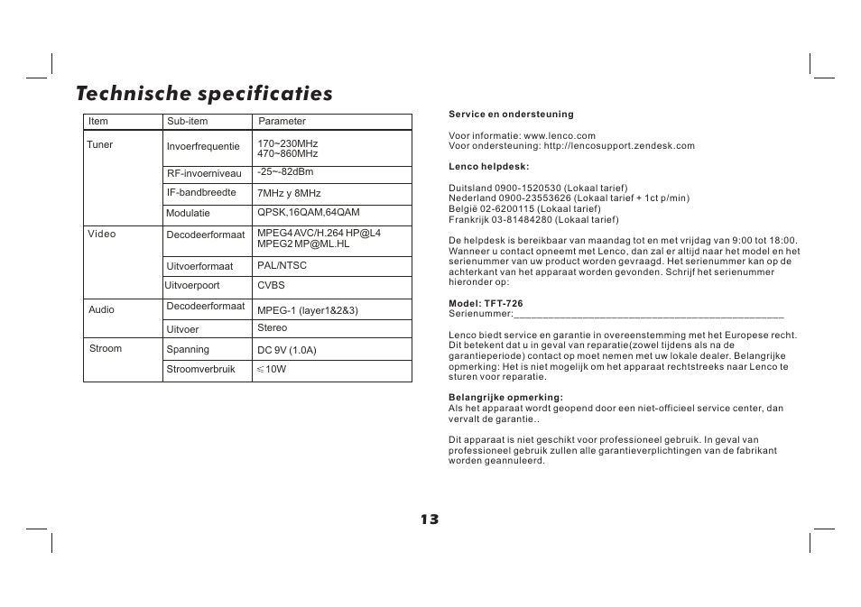 页 14, Technische specificaties | Lenco TFT-726 User Manual | Page 44 / 75