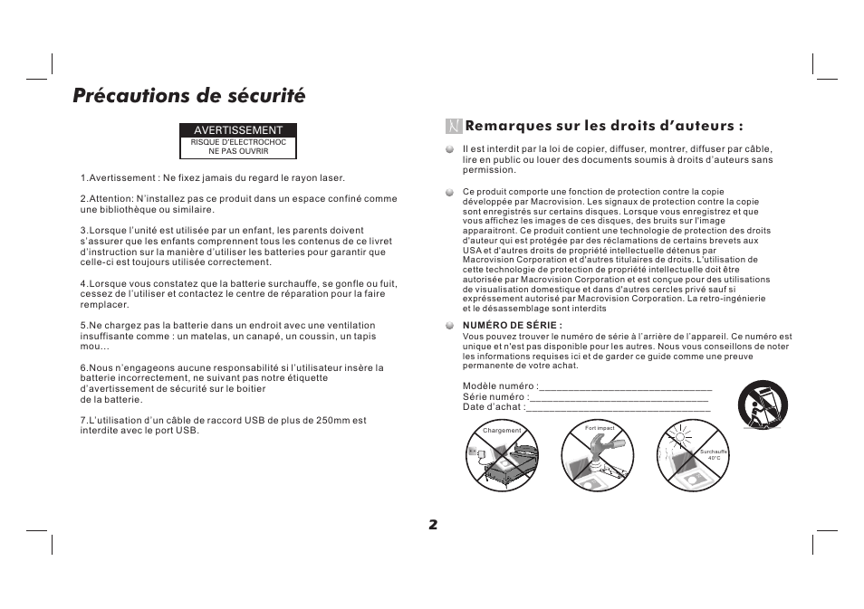 Précautions de sécurité, Remarques sur les droits d’auteurs | Lenco TFT-726 User Manual | Page 48 / 75