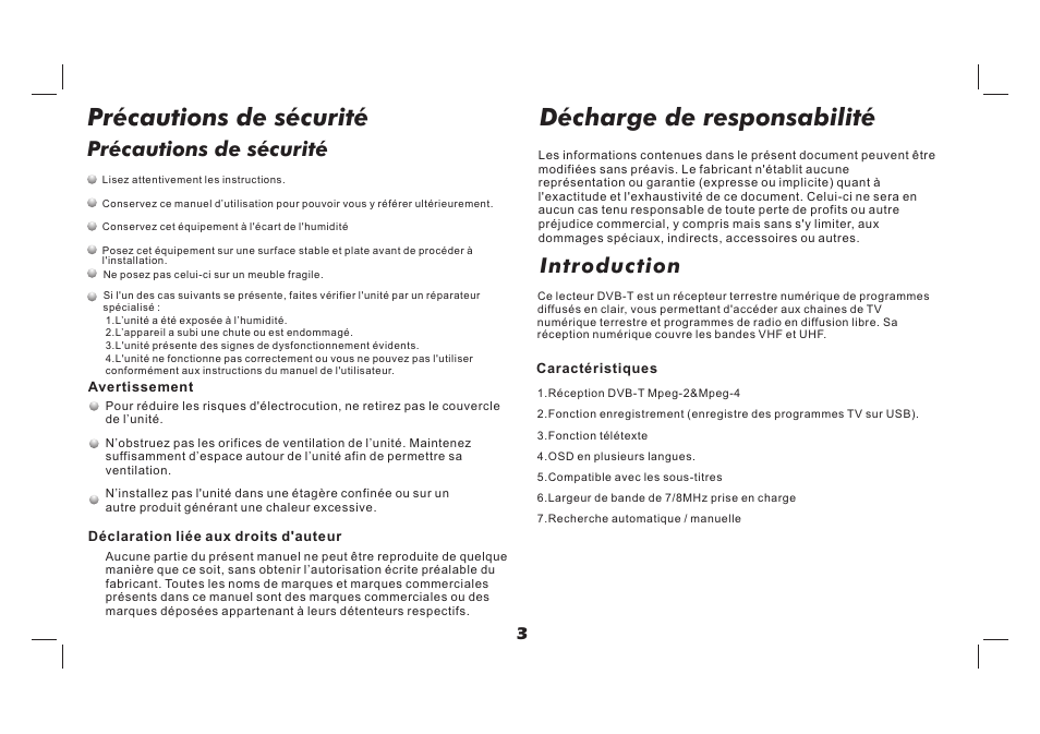 Précautions de sécurité, Décharge de responsabilité, Précautions de sécurité introduction | Lenco TFT-726 User Manual | Page 49 / 75