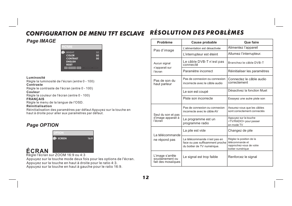 页 13, Résolution des problèmes, Écran | Configuration de menu tft esclave, Page option, Page image | Lenco TFT-726 User Manual | Page 58 / 75