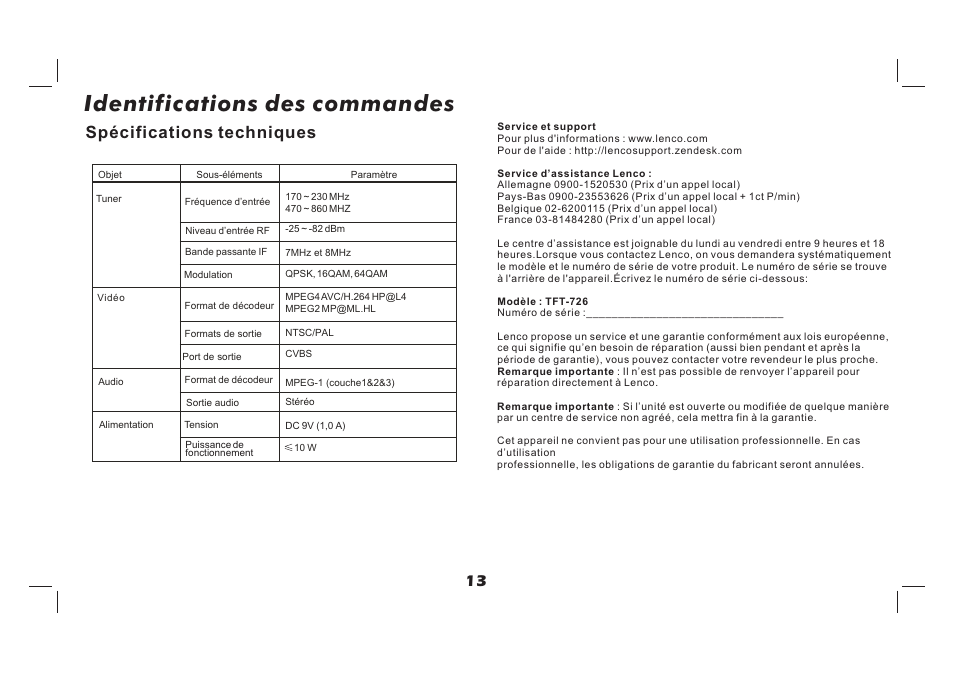 页 14, Identifications des commandes, Spécifications techniques | Lenco TFT-726 User Manual | Page 59 / 75