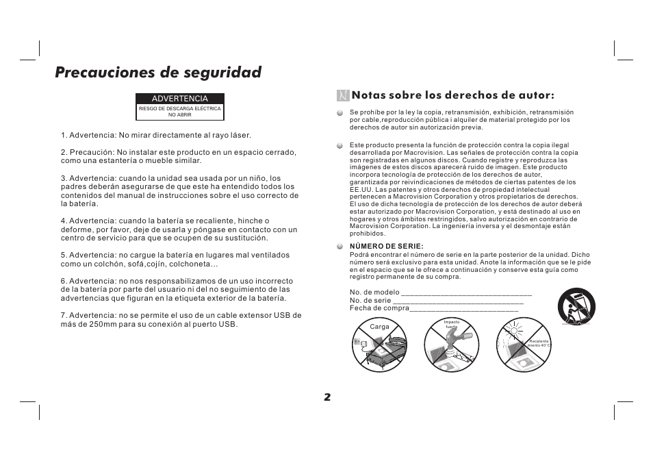 Precauciones de seguridad, Notas sobre los derechos de autor | Lenco TFT-726 User Manual | Page 63 / 75