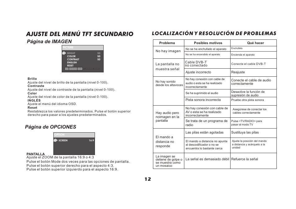 页 13, Ajuste del menú tft secundario, Localización y resolución de problemas 12 | Página de opciones, Página de imagen | Lenco TFT-726 User Manual | Page 73 / 75