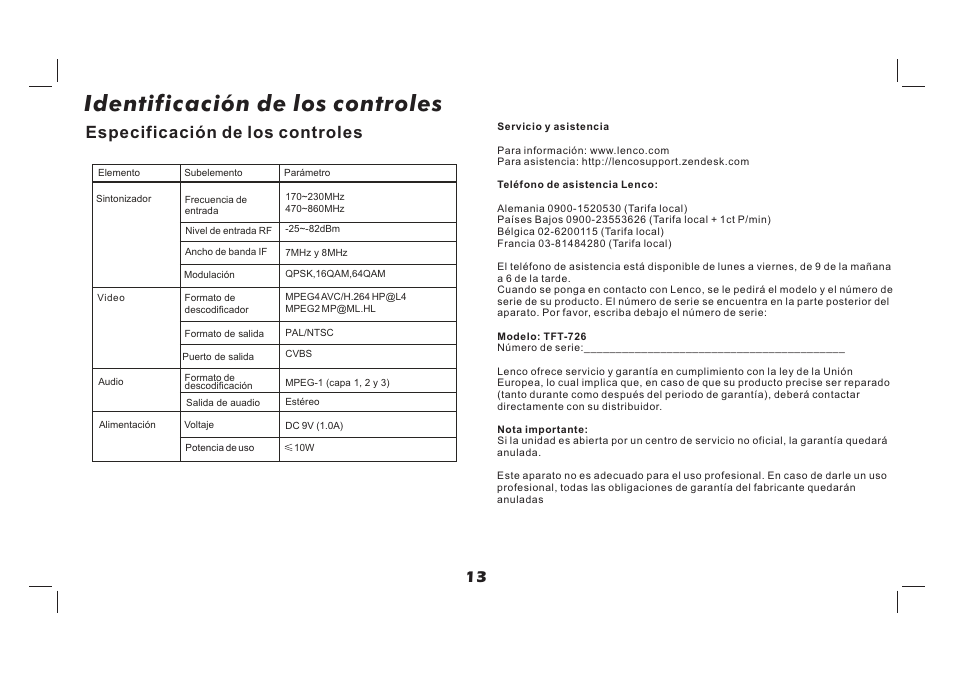 页 14, Identificación de los controles, Especificación de los controles | Lenco TFT-726 User Manual | Page 74 / 75