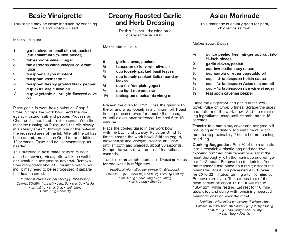 Basic vinaigrette, Creamy roasted garlic and herb dressing, Asian marinade | Cuisinart DLC-4CHB User Manual | Page 10 / 13