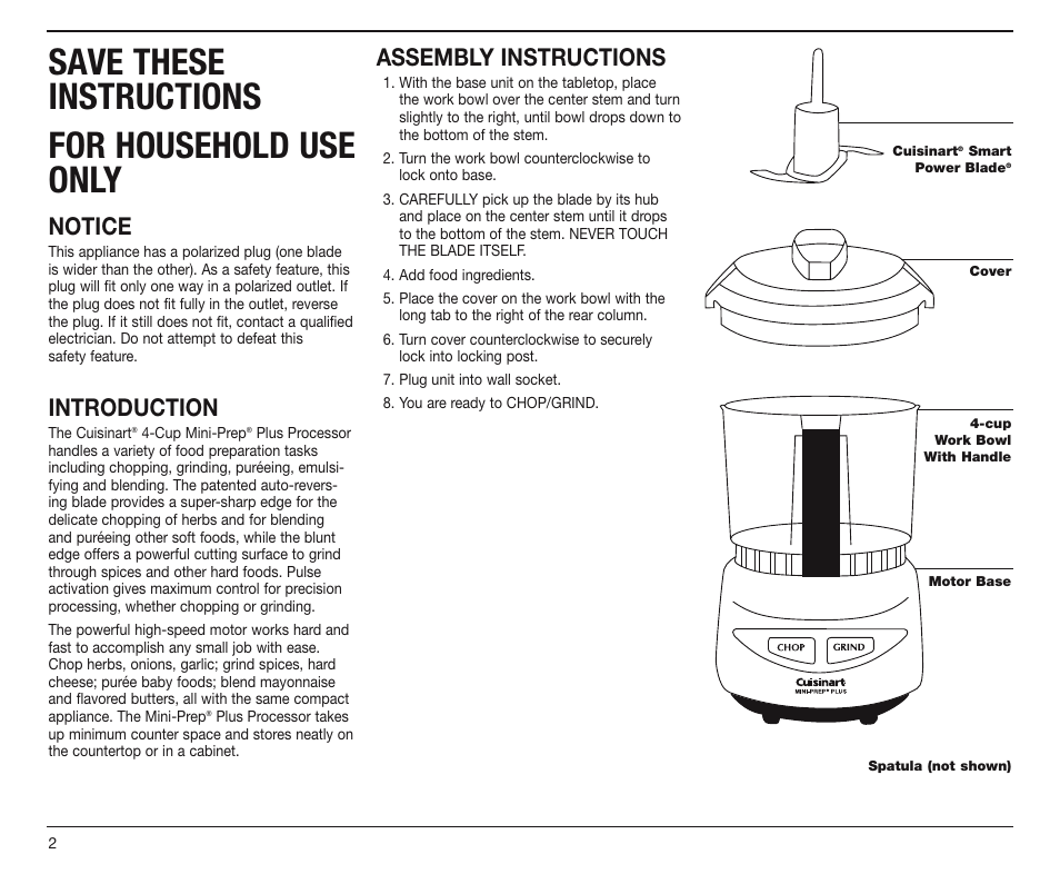 Save these instructions for household use only, Notice, Introduction | Assembly instructions | Cuisinart DLC-4CHB User Manual | Page 3 / 13