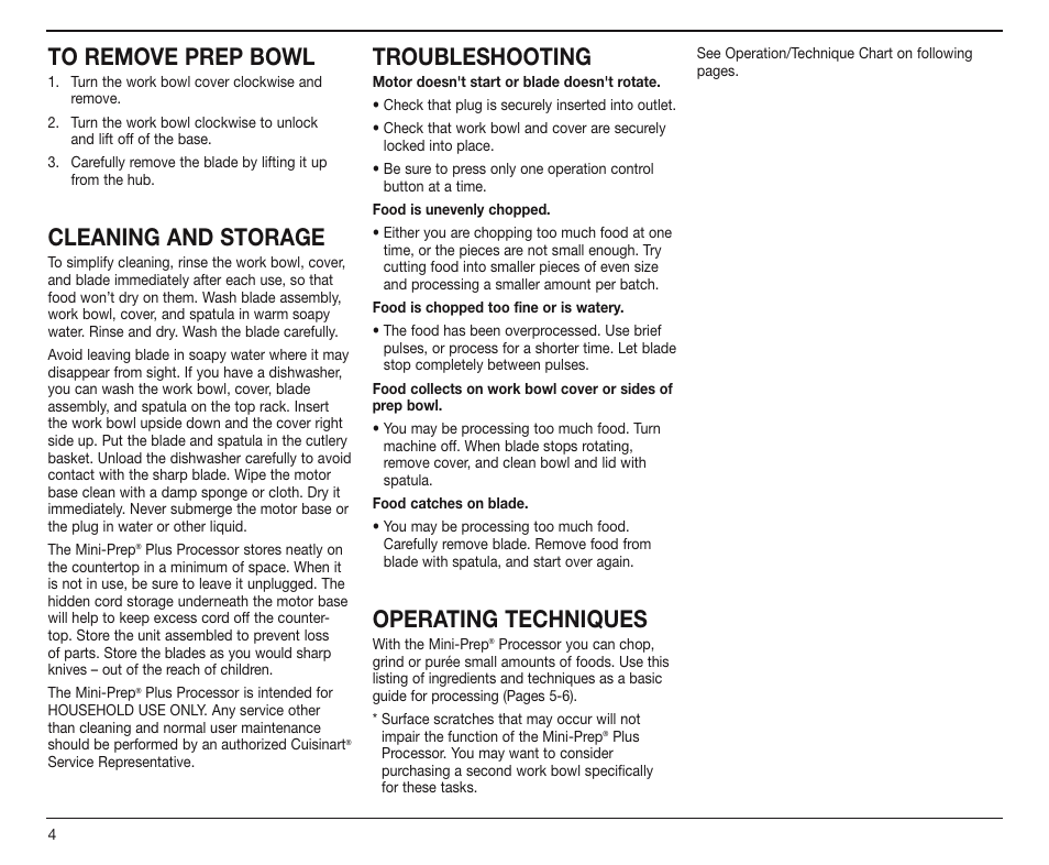 Cleaning and storage, Troubleshooting, Operating techniques | Cuisinart DLC-4CHB User Manual | Page 5 / 13