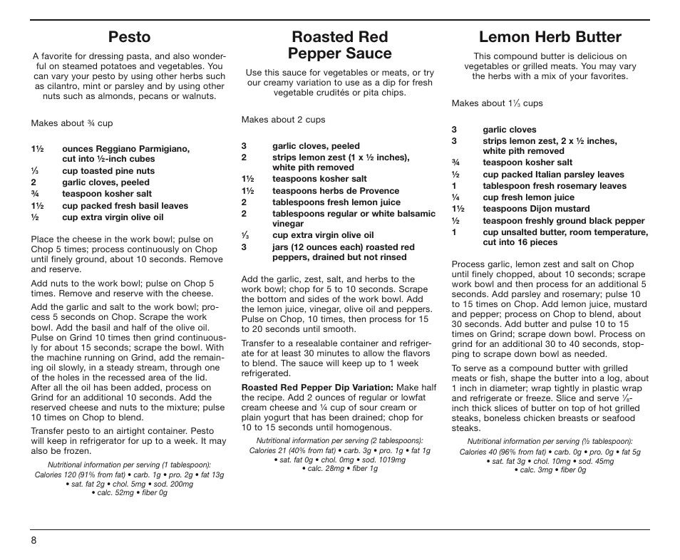 Pesto, Roasted red pepper sauce, Lemon herb butter | Cuisinart DLC-4CHB User Manual | Page 9 / 13