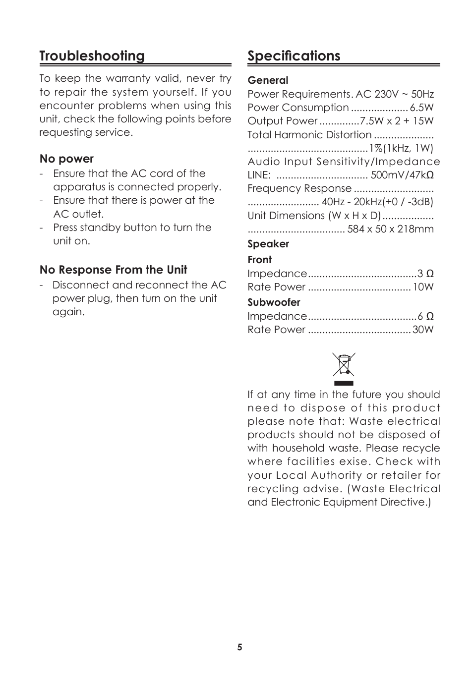 Troubleshooting, Specifications | Lenco TS-10 User Manual | Page 6 / 6