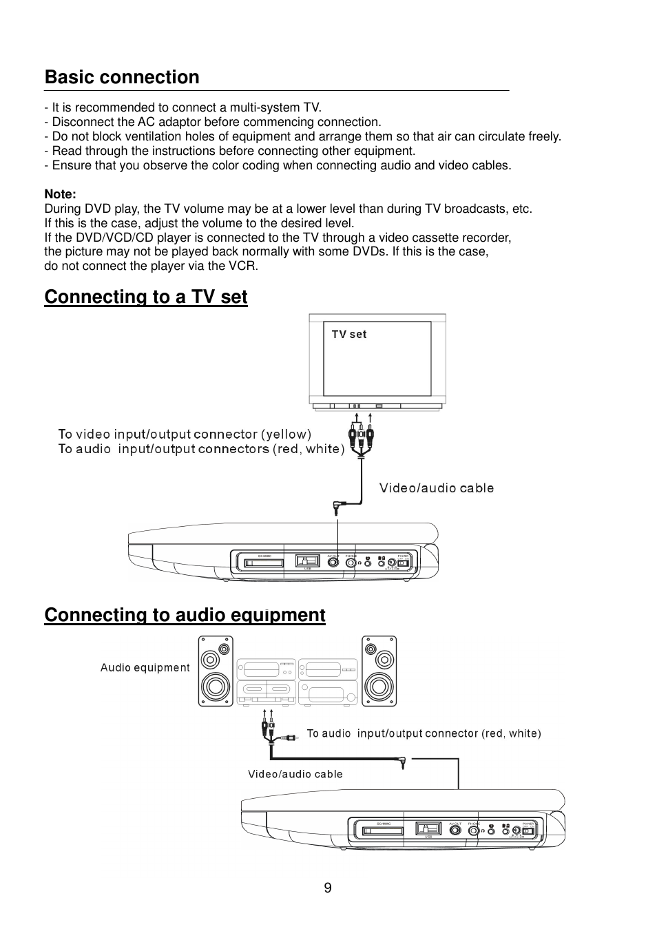Basic connection, Connecting to a tv set, Connecting to audio equipment | Lenco Walky Box User Manual | Page 10 / 30